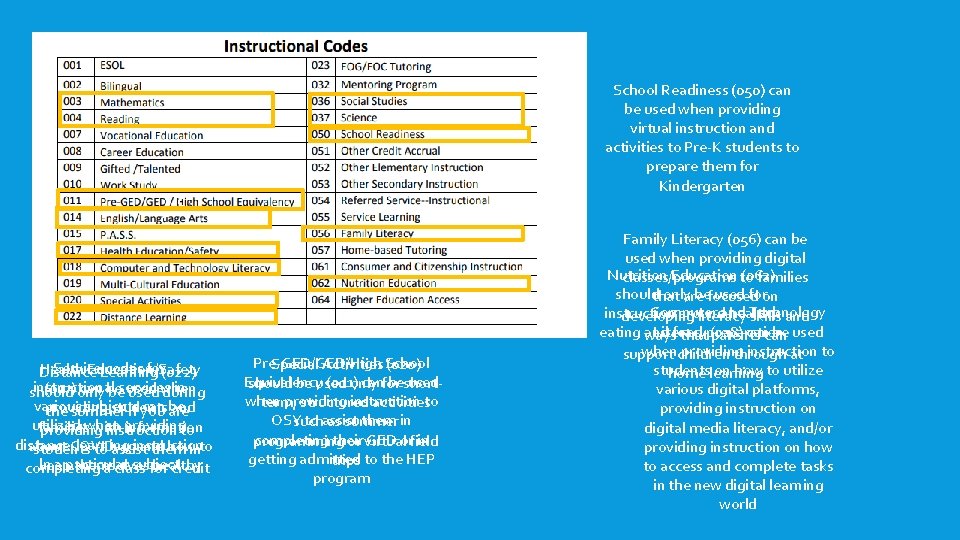c School Readiness (050) can be used when providing virtual instruction and activities to