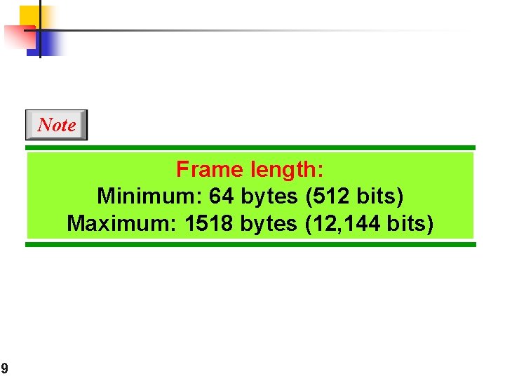 Note Frame length: Minimum: 64 bytes (512 bits) Maximum: 1518 bytes (12, 144 bits)