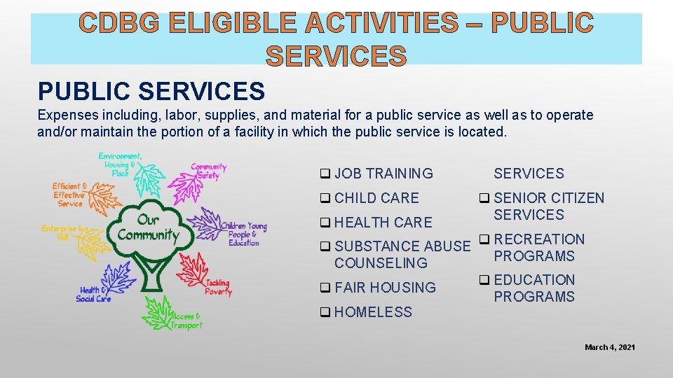 CDBG ELIGIBLE ACTIVITIES – PUBLIC SERVICES Expenses including, labor, supplies, and material for a