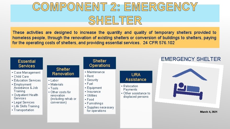 COMPONENT 2: EMERGENCY SHELTER These activities are designed to increase the quantity and quality