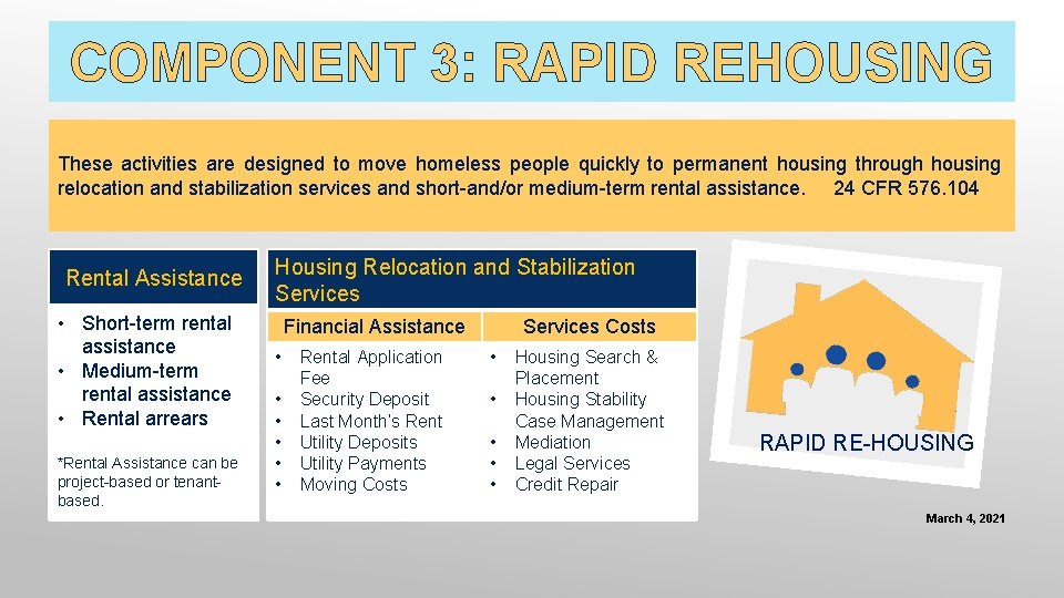 COMPONENT 3: RAPID REHOUSING These activities are designed to move homeless people quickly to