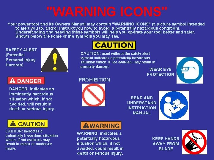 "WARNING ICONS" Your power tool and its Owners Manual may contain "WARNING ICONS" (a