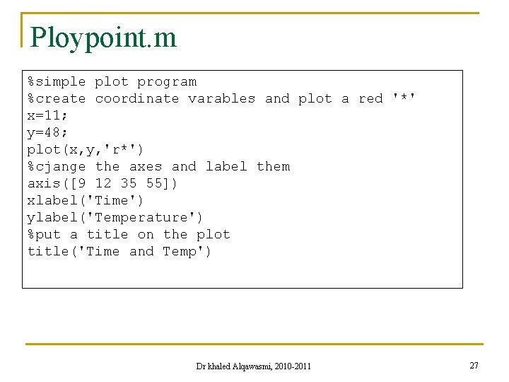 Ploypoint. m %simple plot program %create coordinate varables and plot a red '*' x=11;