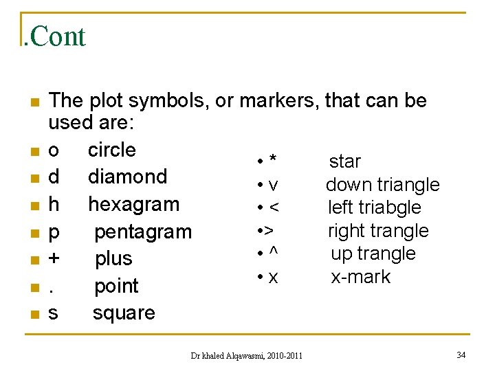 . Cont n n n n The plot symbols, or markers, that can be