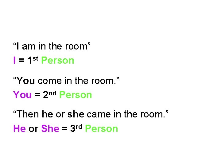 “I am in the room” I = 1 st Person “You come in the