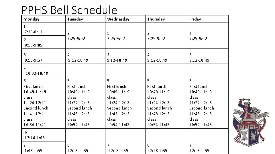 PPHS Bell Schedule Monday 1 7: 25 -8: 13 2 8: 18 -9: 05