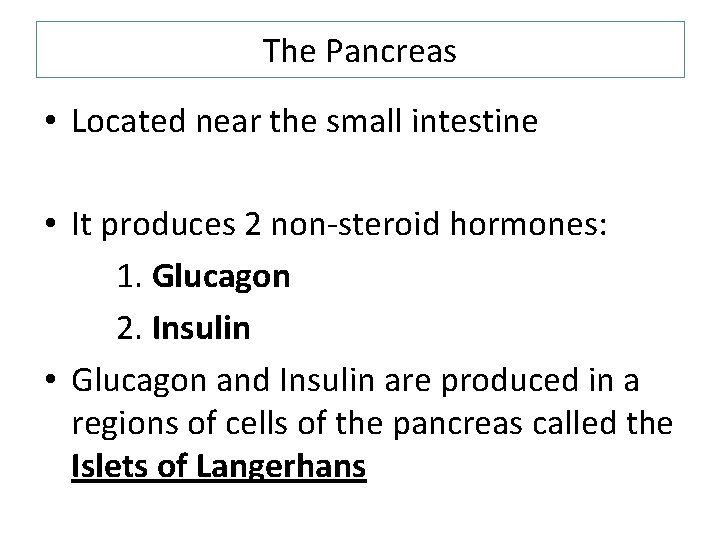 The Pancreas • Located near the small intestine • It produces 2 non-steroid hormones: