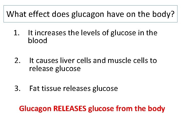 What effect does glucagon have on the body? 1. It increases the levels of