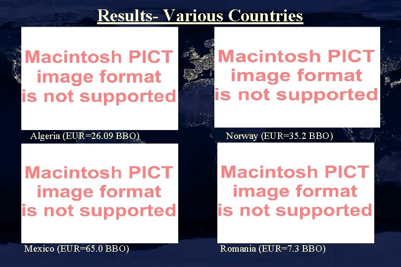 Results- Various Countries Algeria (EUR=26. 09 BBO) Mexico (EUR=65. 0 BBO) Norway (EUR=35. 2