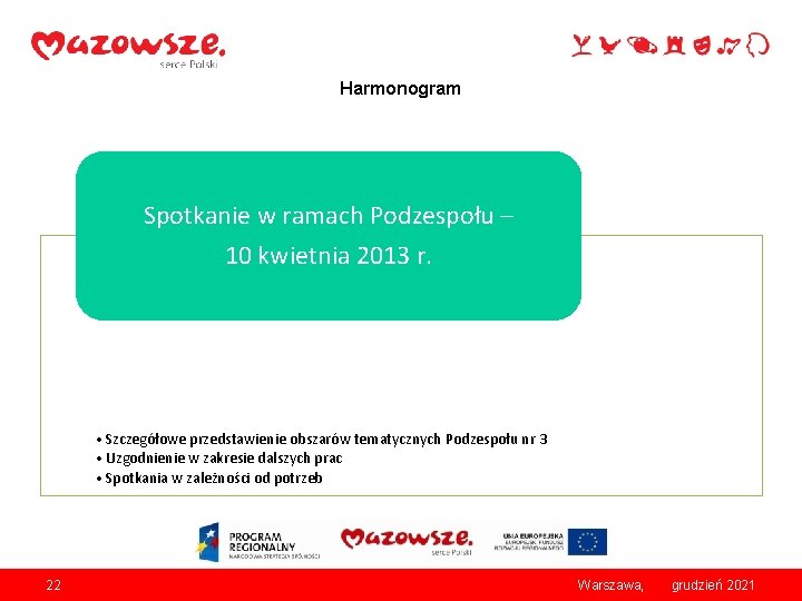 Harmonogram Spotkanie w ramach Podzespołu – 10 kwietnia 2013 r. • Szczegółowe przedstawienie obszarów