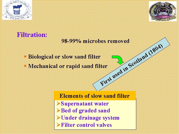 Filtration: 98 -99% microbes removed § Biological or slow sand filter n a l