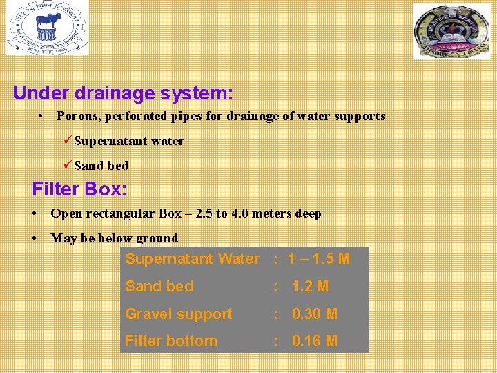 Under drainage system: • Porous, perforated pipes for drainage of water supports üSupernatant water