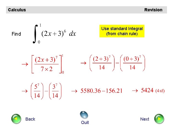 Calculus Revision Use standard Integral (from chain rule) Find Back Quit Next 