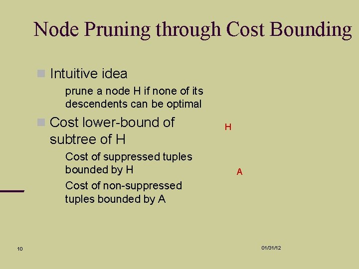 Node Pruning through Cost Bounding Intuitive idea prune a node H if none of