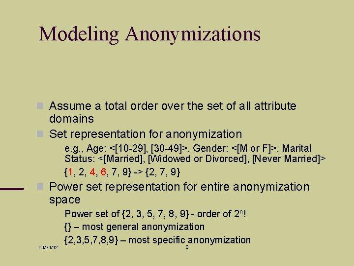 Modeling Anonymizations Assume a total order over the set of all attribute domains Set