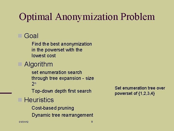 Optimal Anonymization Problem Goal Find the best anonymization in the powerset with the lowest