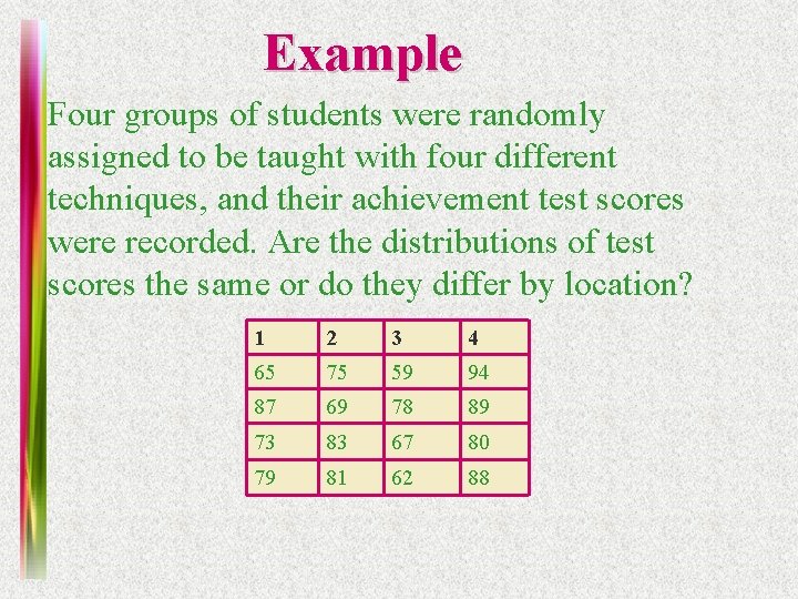 Example Four groups of students were randomly assigned to be taught with four different