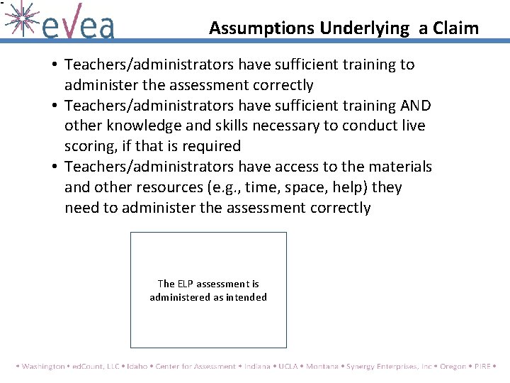 Assumptions Underlying a Claim • Teachers/administrators have sufficient training to administer the assessment correctly Assumptions Underlying a Claim • Teachers/administrators have sufficient training to administer the assessment correctly