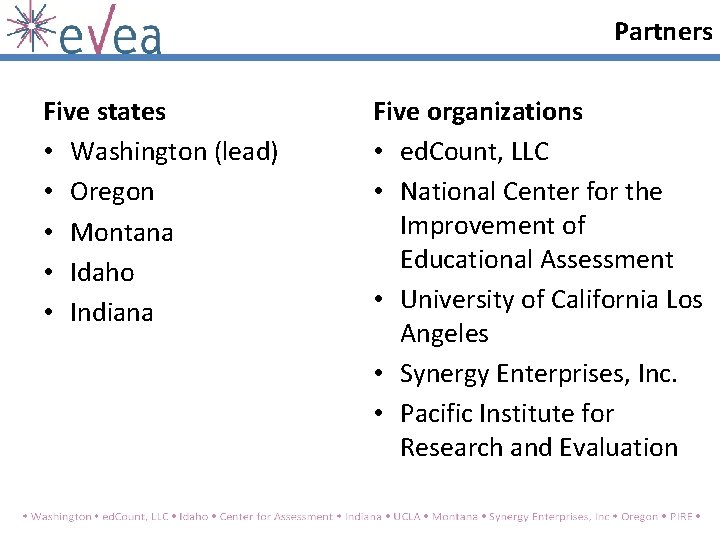 Partners Five states • Washington (lead) • Oregon • Montana • Idaho • Indiana Partners Five states • Washington (lead) • Oregon • Montana • Idaho • Indiana