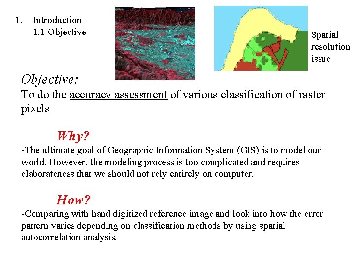 1. Introduction 1. 1 Objective Spatial resolution issue Objective: To do the accuracy assessment 1. Introduction 1. 1 Objective Spatial resolution issue Objective: To do the accuracy assessment