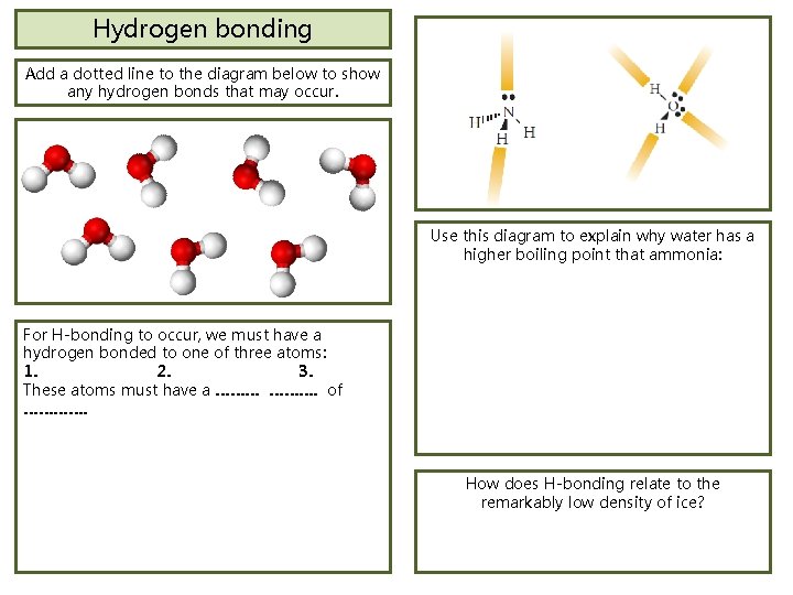 Hydrogen bonding Add a dotted line to the diagram below to show any hydrogen