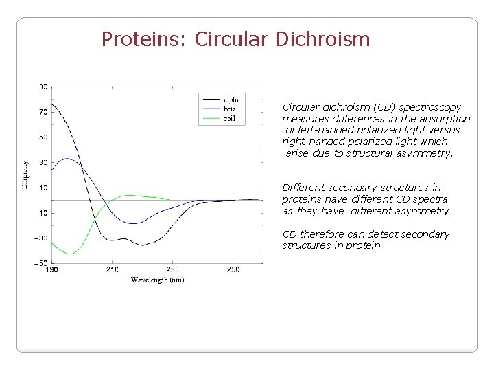 Proteins: Circular Dichroism Circular dichroism (CD) spectroscopy measures differences in the absorption of left-handed