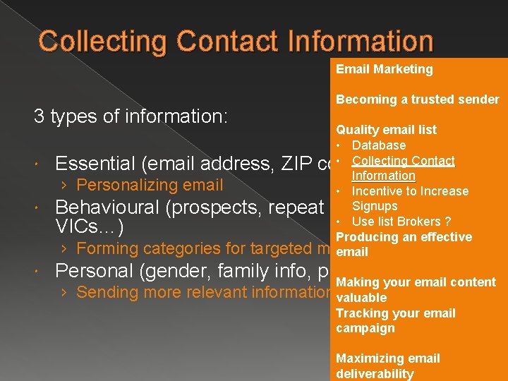 Collecting Contact Information Email Marketing 3 types of information: Becoming a trusted sender Quality