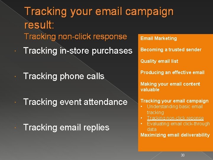 Tracking your email campaign result: Tracking non-click response Email Marketing Tracking in-store purchases Becoming