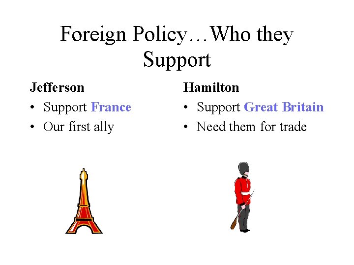 Foreign Policy…Who they Support Jefferson • Support France • Our first ally Hamilton •