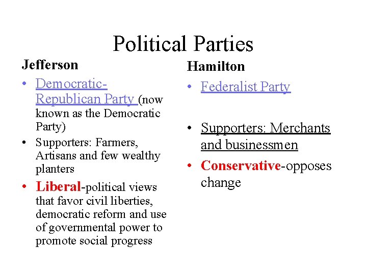 Political Parties Jefferson • Democratic. Republican Party (now known as the Democratic Party) •