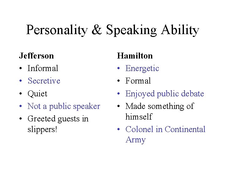Personality & Speaking Ability Jefferson • Informal • Secretive • Quiet • Not a