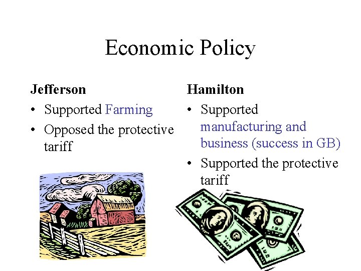 Economic Policy Jefferson Hamilton • Supported Farming • Supported manufacturing and • Opposed the