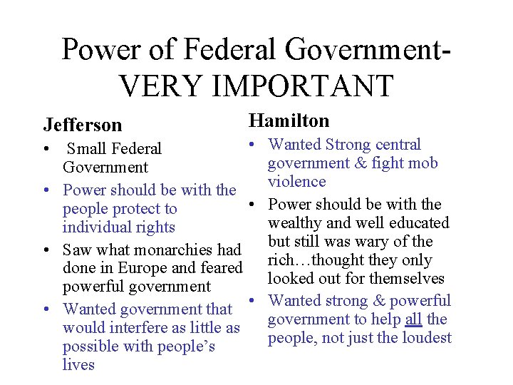 Power of Federal Government. VERY IMPORTANT Jefferson Hamilton • Wanted Strong central • Small