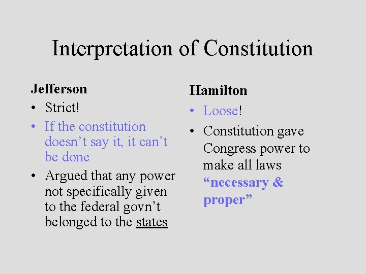 Interpretation of Constitution Jefferson Hamilton • Strict! • Loose! • If the constitution •