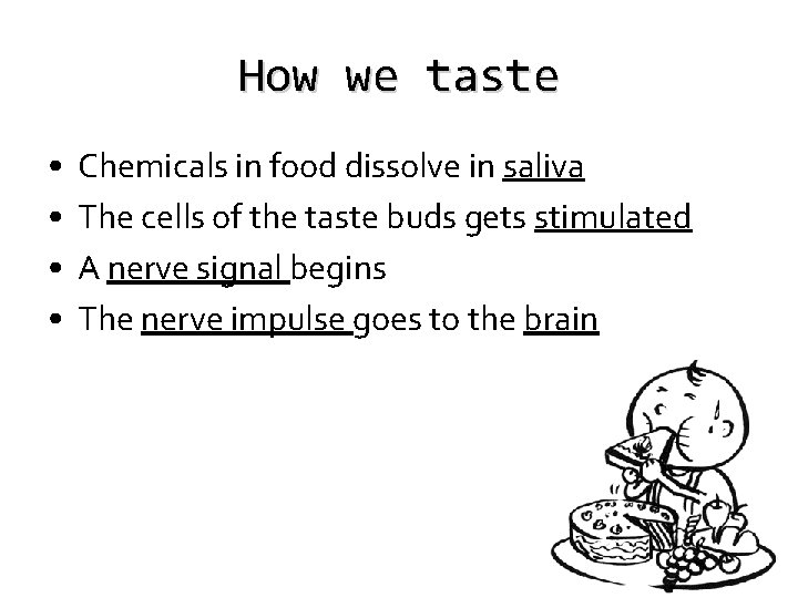 How we taste • • Chemicals in food dissolve in saliva The cells of