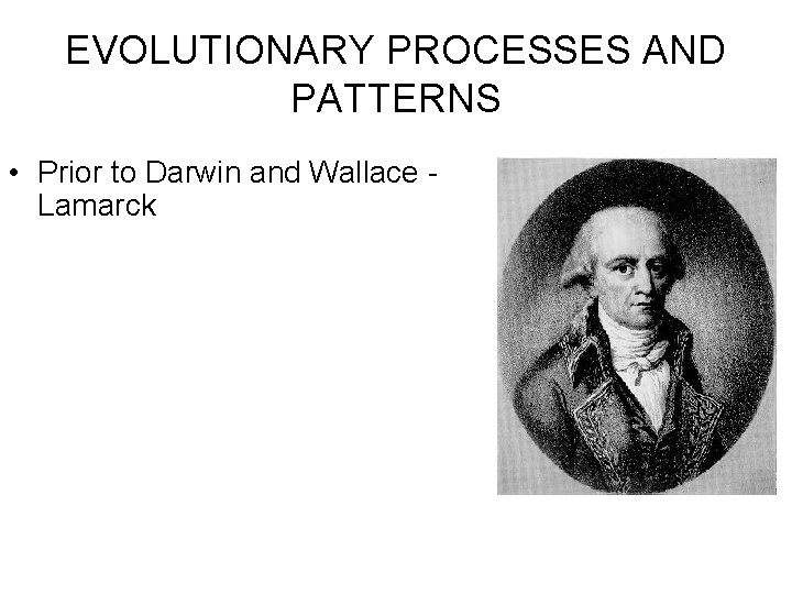 EVOLUTIONARY PROCESSES AND PATTERNS • Prior to Darwin and Wallace Lamarck EVOLUTIONARY PROCESSES AND PATTERNS • Prior to Darwin and Wallace Lamarck