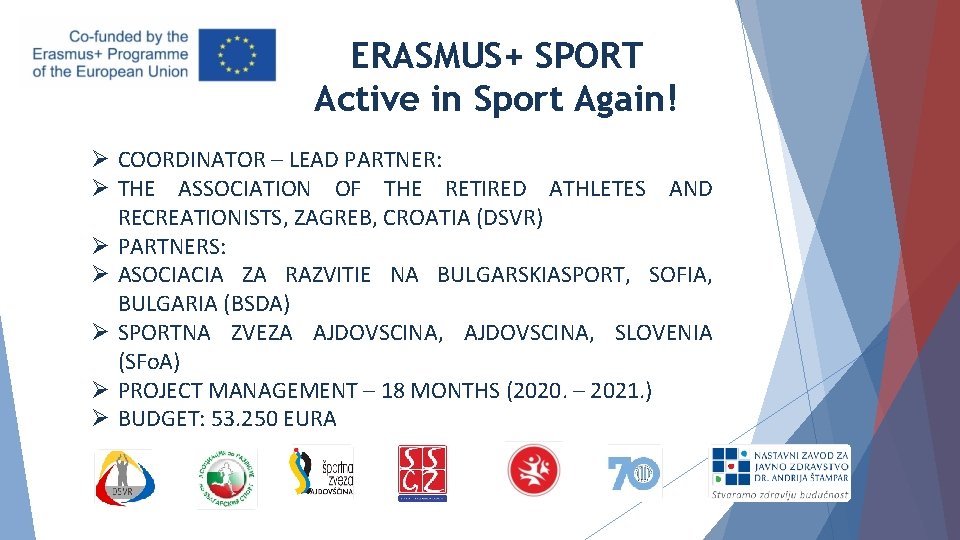 ERASMUS+ SPORT Active in Sport Again! Ø COORDINATOR – LEAD PARTNER: Ø THE ASSOCIATION