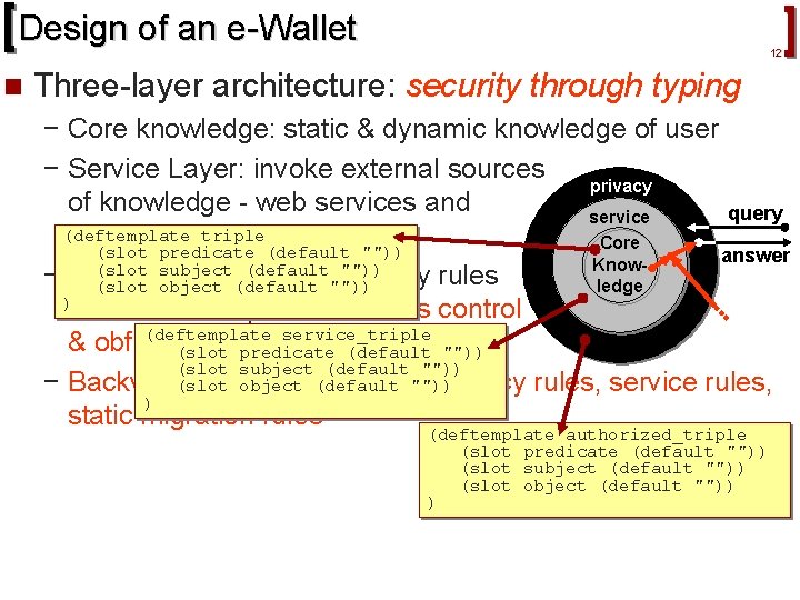 Design of an e-Wallet n 12 Three-layer architecture: security through typing − Core knowledge: