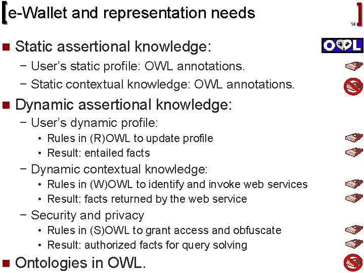 e-Wallet and representation needs n Static assertional knowledge: − User’s static profile: OWL annotations.