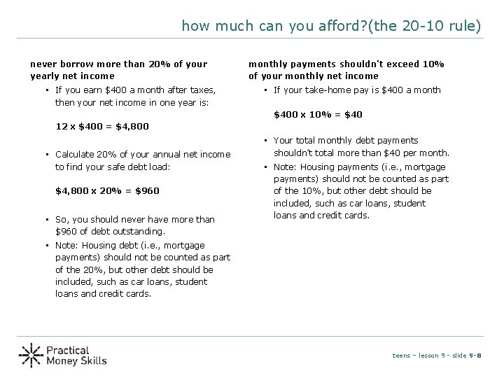 how much can you afford? (the 20 -10 rule) never borrow more than 20%