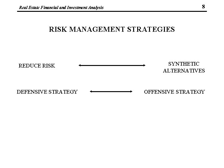 8 Real Estate Financial and Investment Analysis RISK MANAGEMENT STRATEGIES REDUCE RISK DEFENSIVE STRATEGY