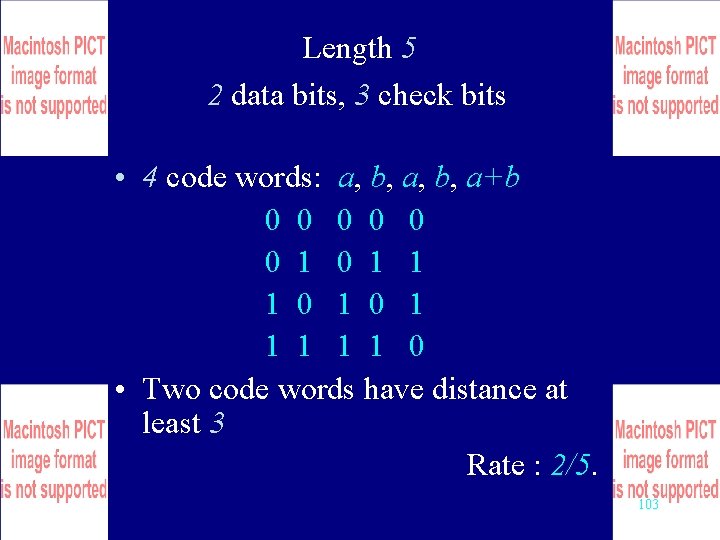 Length 5 2 data bits, 3 check bits • 4 code words: a, b,