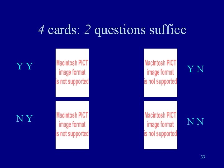 4 cards: 2 questions suffice YY YN NY NN 33 