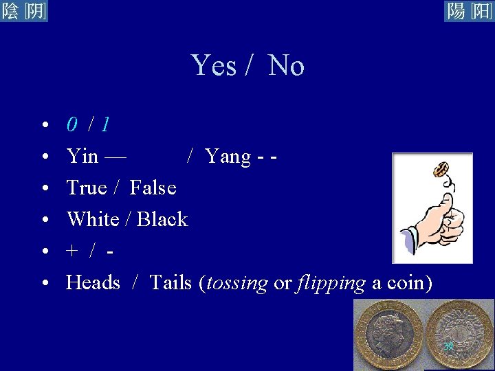 Yes / No • • • 0 /1 Yin — / Yang - True