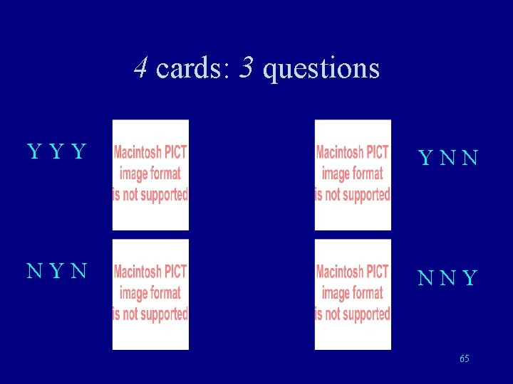 4 cards: 3 questions YYY YNN NYN NNY 65 