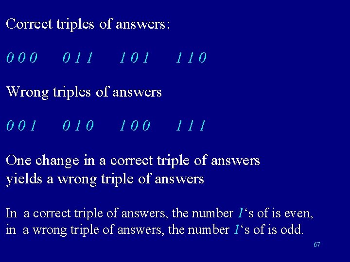 Correct triples of answers: 000 011 101 110 Wrong triples of answers 001 010