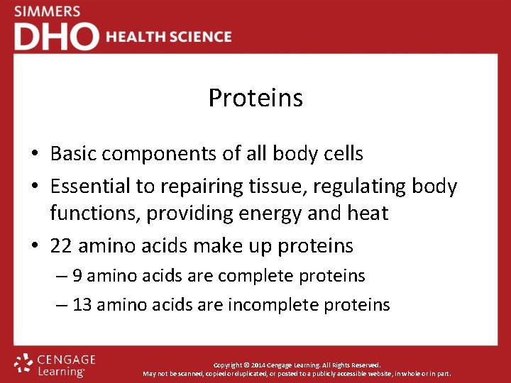Proteins • Basic components of all body cells • Essential to repairing tissue, regulating