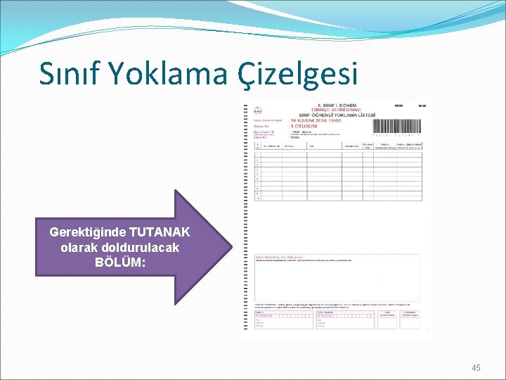 Sınıf Yoklama Çizelgesi Gerektiğinde TUTANAK olarak doldurulacak BÖLÜM: 45 