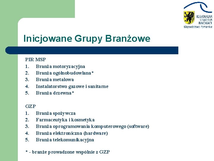 Inicjowane Grupy Branżowe PIR MSP 1. Branża motoryzacyjna 2. Branża ogólnobudowlana* 3. Branża metalowa Inicjowane Grupy Branżowe PIR MSP 1. Branża motoryzacyjna 2. Branża ogólnobudowlana* 3. Branża metalowa