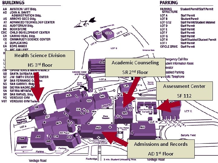 Health Science Division HS 3 rd floor Academic Counseling SR 2 nd Floor Assessment